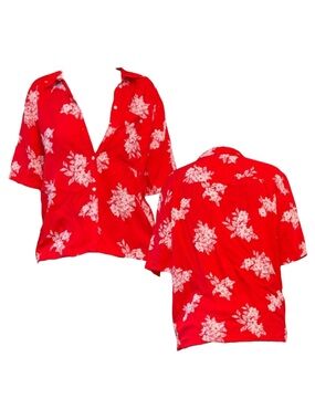 Red Floral Button-Up Hawaiian Shirt